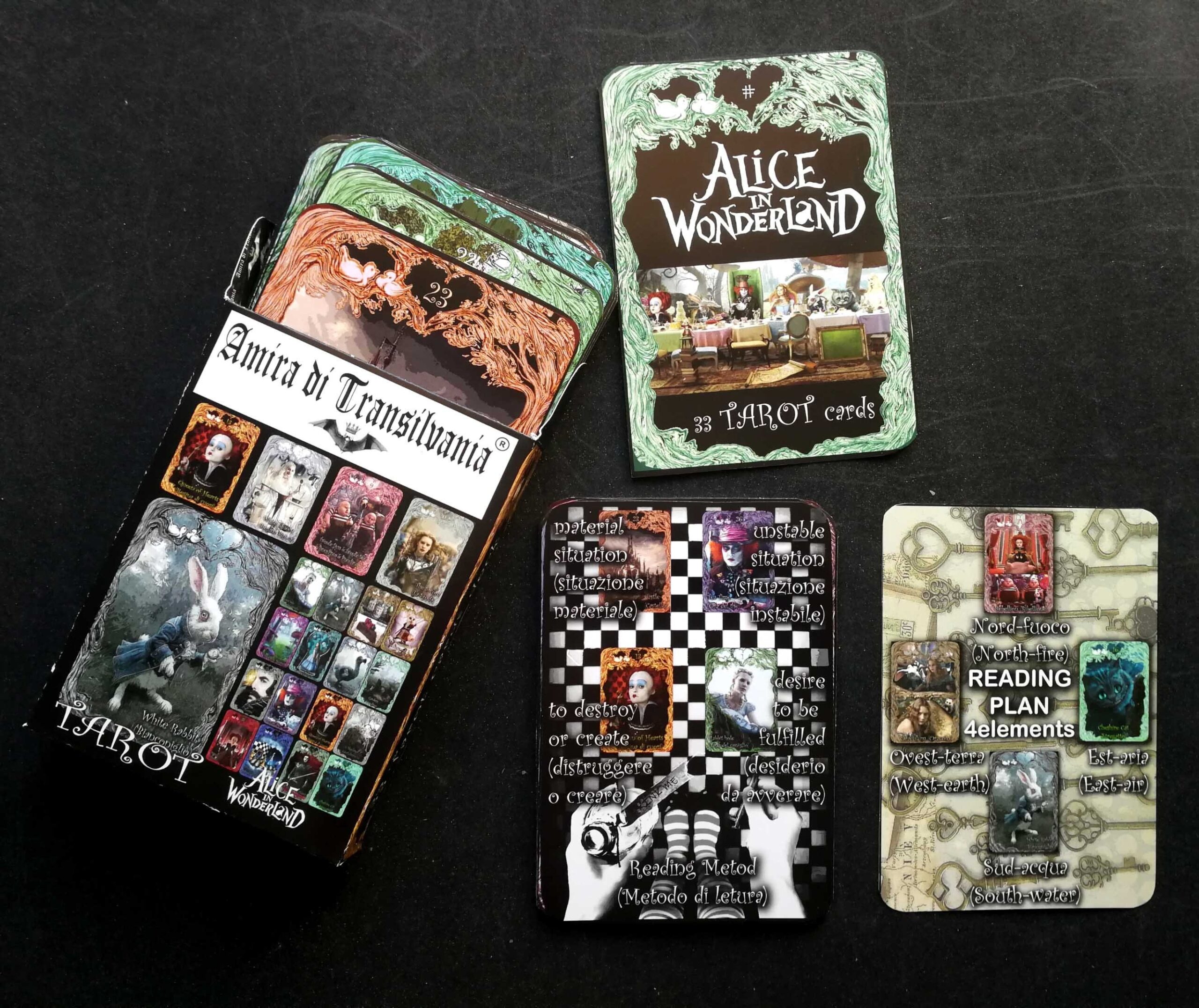 Alice in the Wonderland Tarot, White Rabbit with Cheshire Cat, Queen of Hearts and White Queen, Mad Hatter Dodo Dormouse