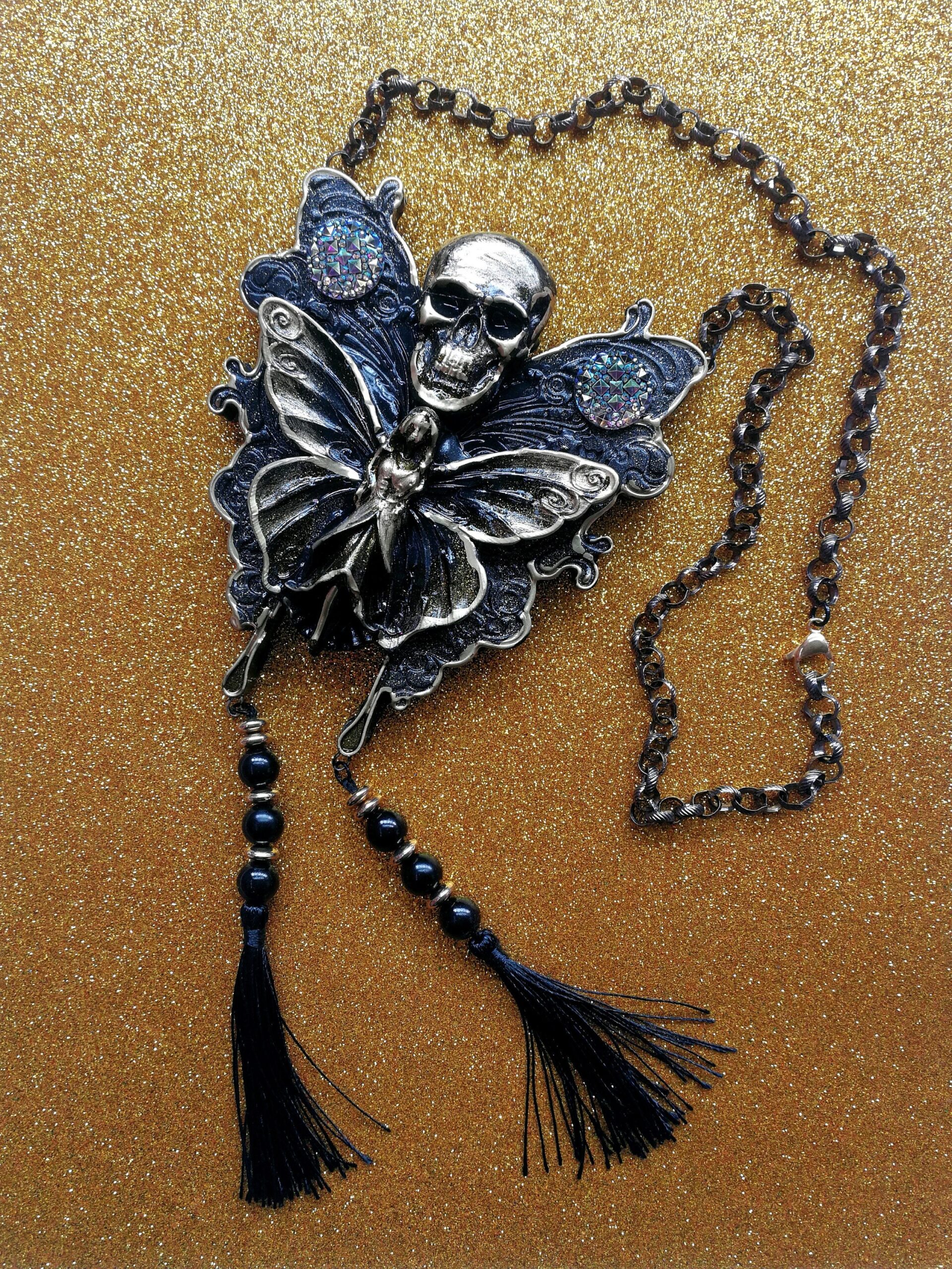 Lunar Moth Amulet, Butterfly Skull Talisman, Magic Pentacle Necklace Occult Jewelry Transformation Protection Immortality